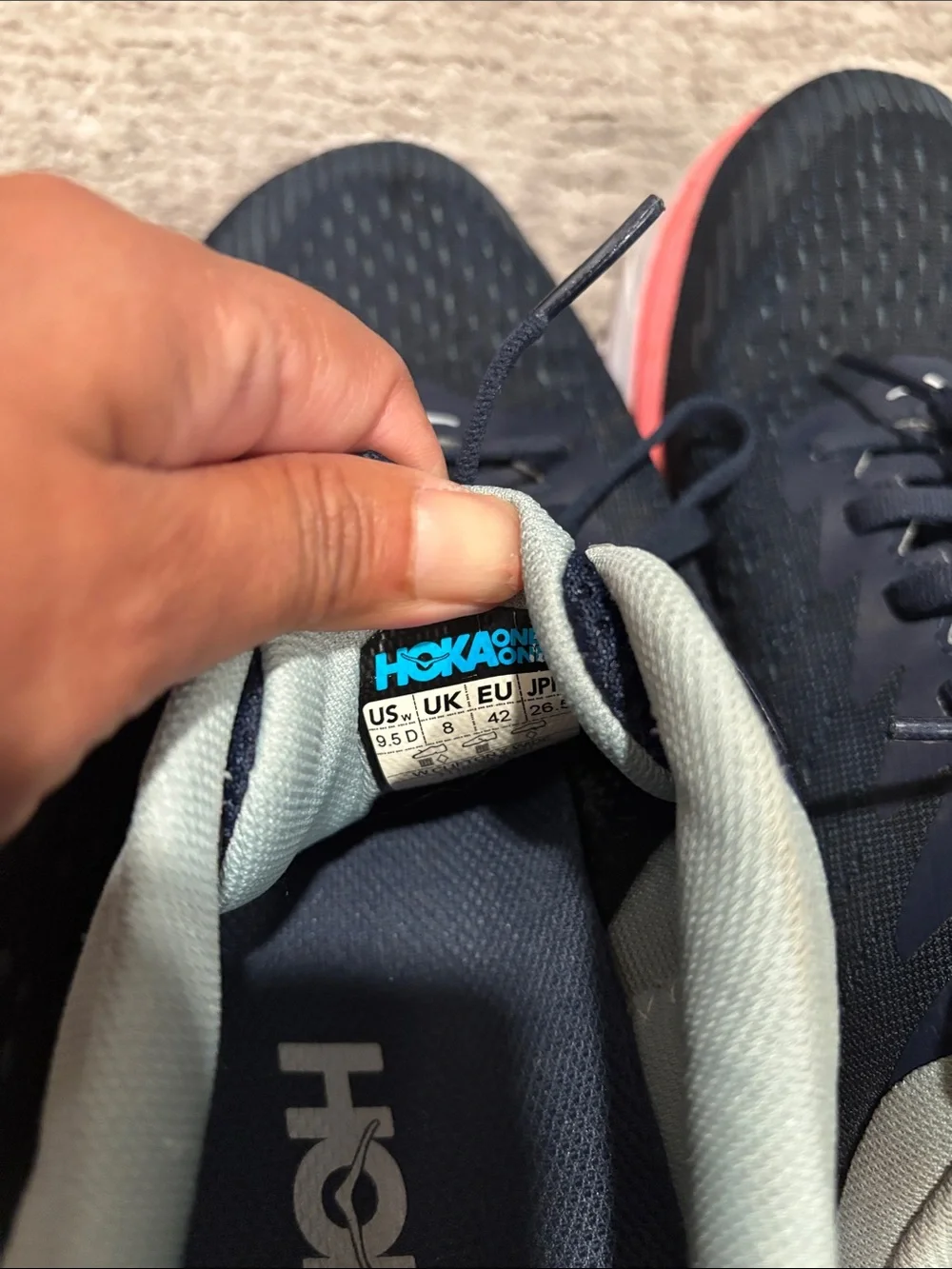 Hoka Navy Running Shoes with Orange and Coral Trim size 9.5